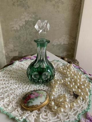 Antique Green Cut To Clear Glass Perfume Bottle 4