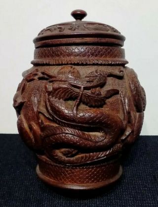 Antique Chinese Tobacco Jar.  Carved Wooden Dragon Urn.  Bronze Lined