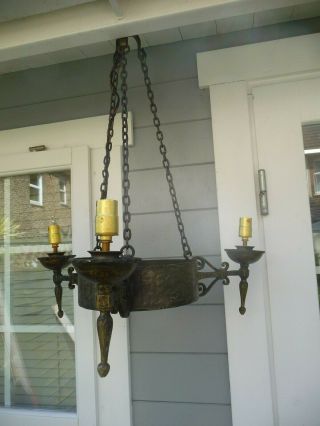 Vintage Good Size Iron 3 Light Chandelier,  Chains Gothic - Hallway Barn Manor House