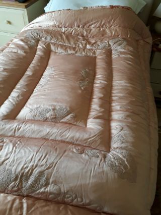 Vintage Double Bed Feather Filled Peach Satin Eiderdown W/ Embroidery