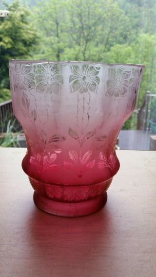 Antique Victorian Cranberry Acid Etched Oil Lamp Shade