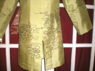 Vtg Chinese Green Textured Silk Jacket/Robe /Embroidered Black Flowers Sz 40 4