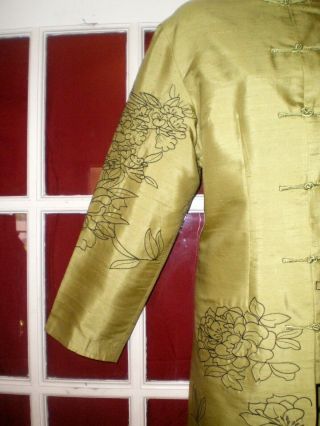 Vtg Chinese Green Textured Silk Jacket/Robe /Embroidered Black Flowers Sz 40 5