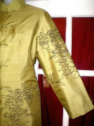 Vtg Chinese Green Textured Silk Jacket/Robe /Embroidered Black Flowers Sz 40 6