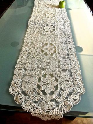 Antique Italian Bosa Hand Knotted Darned Filet Lace 15x68 " Runner Dresser Scarf