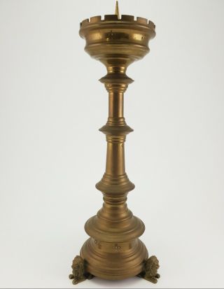 Belgian Brass Antique Gothic Pricket Candlestick Candleholder With Lions