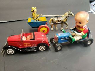 Vintage Tin Toys Boy In Racecar,  Bandai Bojac 