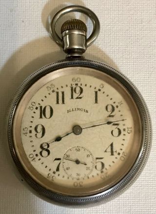 Illinois Pocket Watch C.  1900.  Rr Grade.  18s.  17j.  Sterling Silver Open Face Case