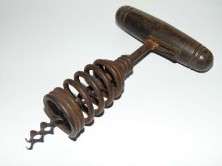 Unusual Antique German ? Spring Cage Corkscrew With Turned Wooden Handle