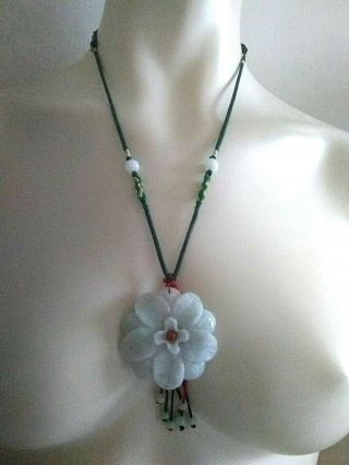 Pure Natural Jade Jadeite Hand Carved Flower Silk Cord Necklace Large