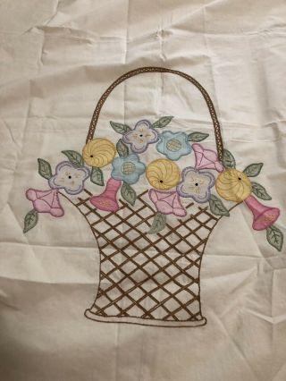 Vintage Project Embroidered With Flowers In A Basket Bed Cover Coverlet