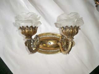 French Antique Bronze Wall Sconce With Two Frosted Rose Light Globes