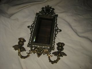 Brass Candle Sconce With Beveled Glass Mirror 17 " Tall Vintage