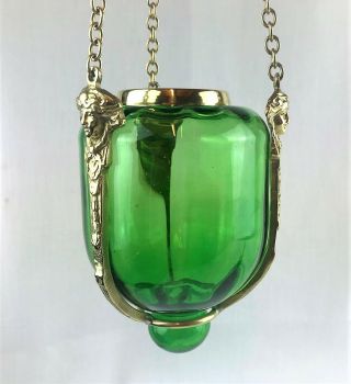 Antique Victorian Glass Bell Jar Ecclesiastical Vigil Hanging Candle Lantern 2