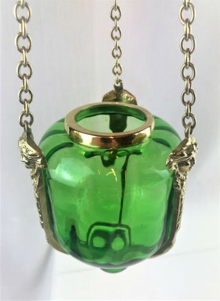 Antique Victorian Glass Bell Jar Ecclesiastical Vigil Hanging Candle Lantern 3