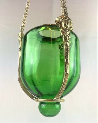 Antique Victorian Glass Bell Jar Ecclesiastical Vigil Hanging Candle Lantern 4