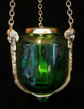 Antique Victorian Glass Bell Jar Ecclesiastical Vigil Hanging Candle Lantern 8