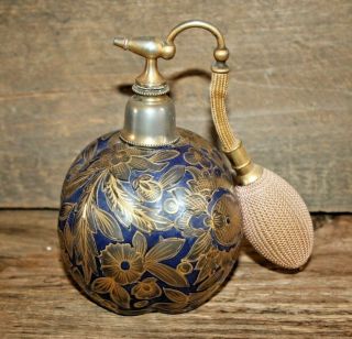 Antique Victorian Blue And Gold Hand Painted Glass Perfume Atomizer Bottle Rare