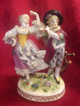 Aelteste Volkstedt Porcelain Lace Figurine Man Playing Flute Lady Dancing