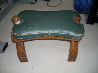 Vintage Handmade Camel Saddle Wood Frame Foot Stool With Leather Cushion