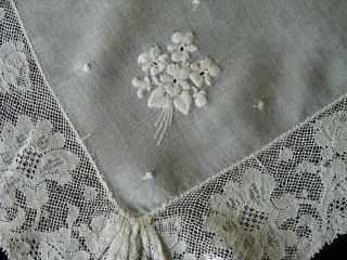 Antique Victorian White Linen Lace Wedding Hanky Whitework Hand Embroidered