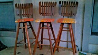 3 Mid Century Vintage Umanoff Style Slat Back Padded Seat Wooden Tiki Bar Stools