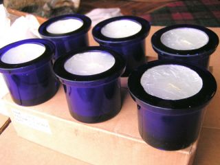 SIX Blue glass candle votives for making wood candle holders w 2 1/4 