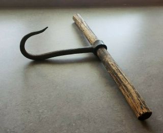 Vintage Antique Primitive Iron Hay Ice Meat Hook With Wood Handle