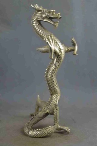 Chinese Old Copper Plating Silver Carved Might Dragon Exorcism Statue D02