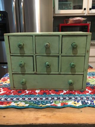 Vintage Apothecary Spice Wood Green Storage Cabinet 7 Drawers