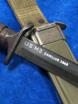 ULTRA RARE WW2 US M3 CAMILLUS 1943 BLADE MARK & DATE TRENCH KNIFE w M8 SHEATH 2