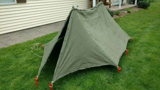 Vintage Us Military Pup Tent Full Set: 2 Halves,  6 Poles,  2 Ropes,  10 Stakes