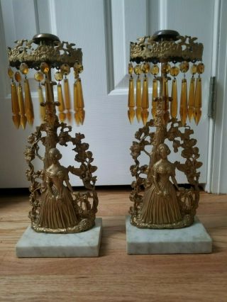 Pair Antique Victorian Girandoles Candelabra Candle Holders Figural Lady Prisms