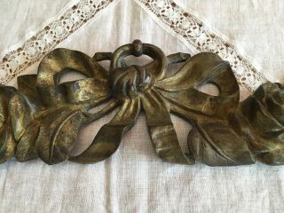 Antique French Gilt Bronze Brass Furniture Mount Topper Ornament Ribbon Bow Rose