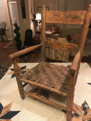 Antique Child Size Wood Ladder Back Chair With Cane Seat Farmhouse