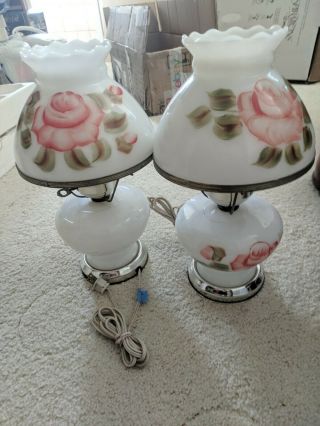 Pair Vintage Hand - Painted Milk Glass & Brass Pink Rose Fenton Hurricane Oil Lamp
