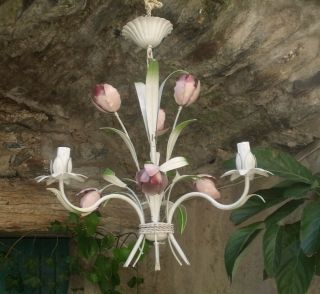 Vintage French / Italian Tole Chandelier,  Ceiling Light,  Tulips,  Very Pretty.
