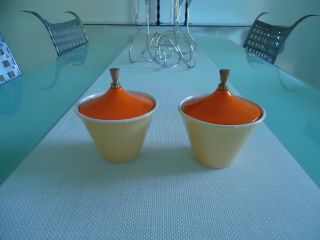 Vintage Mid Century Modern Orange Yellow Brass Ceramic Lidded Jar Set