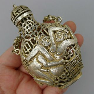 Chian Pendant Relief Nude Snuff Bottle Natural Antique Silver Hand Carved Hollow 5