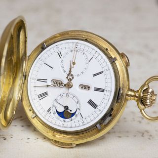 18k Gold Repeater Chronograph Calendar Moon Phase Antique Repeating Pocket Watch