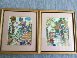 Two Vintage Framed Embroidered Pictures - A Thatched Cottage And Crinoline Lady