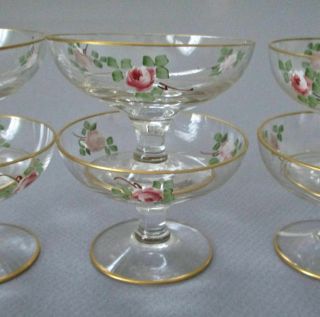 Set 6 Antique Clear Crystal Footed Salts Dishes Hp Enamel Roses W Gilt Trim