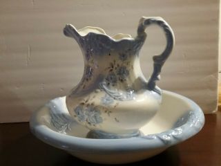 Vintage Porcelain Bowl And Pitcher Set,  Blue And White