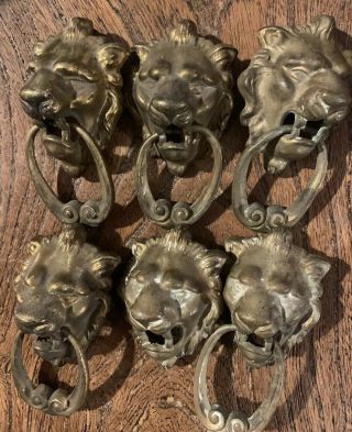 6 X Antique Brass Lion Head Drawer Pulls/handles