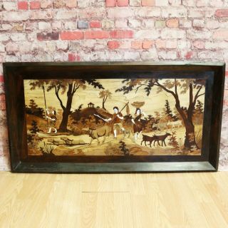 Large Inlaid Wood Marquetry Art Or Tray From India / Middle East - Rural Scene