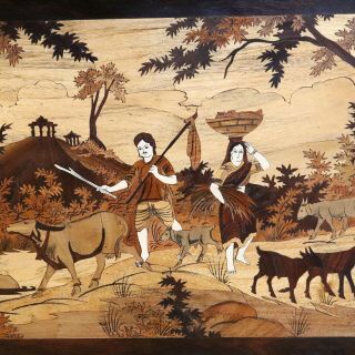 Large Inlaid Wood Marquetry Art or Tray from India / Middle East - Rural Scene 2
