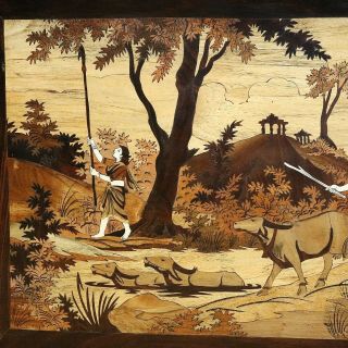 Large Inlaid Wood Marquetry Art or Tray from India / Middle East - Rural Scene 6