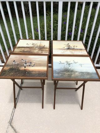 Set Of 4 Vintage Folding Tv Table Tray Stand Malards Duck Art Gregory Messier
