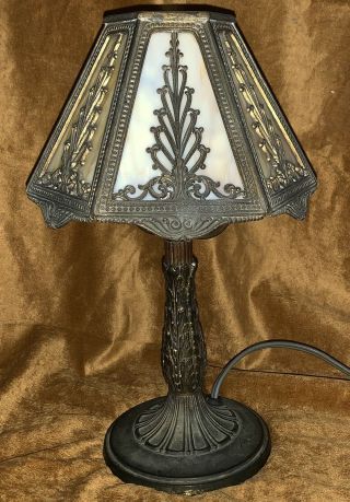 Antique Bradley & Hubbard Signed Slag Glass Boudior Lamp Deco Art Craft 2