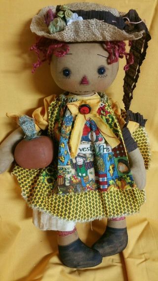 Primitive Folk Art Raggedy Ann Autumn Country Doll In Her Country Hat/17 "